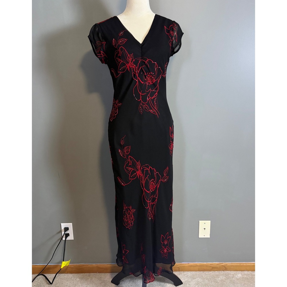 Dressbarn Floral Maxi‎ Dress M Beads Sheer Y2K Whimsigoth Romantic Witchy Fairy - Picture 2 of 11